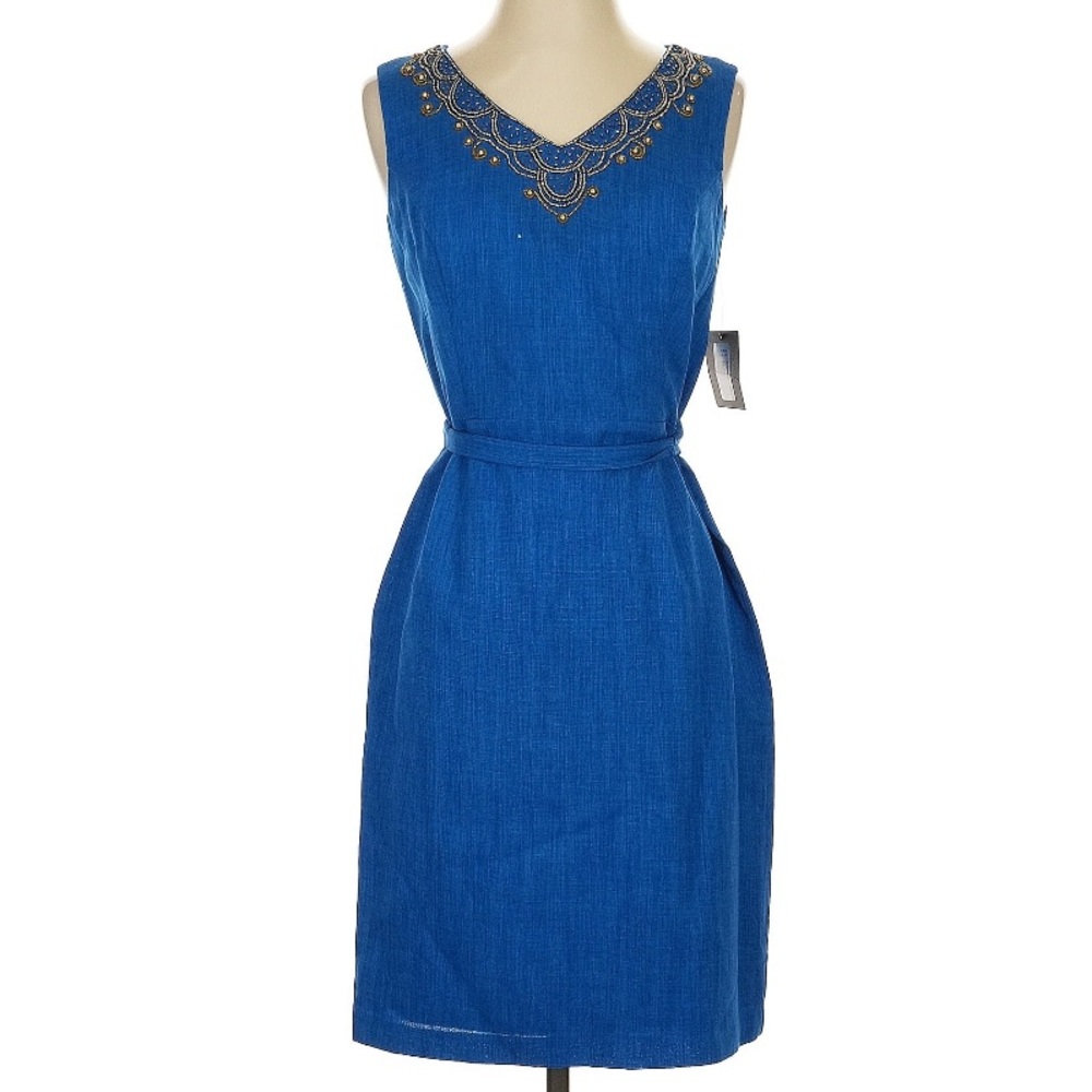 Ellen Tracy Blue V-Neck Sheath Dress